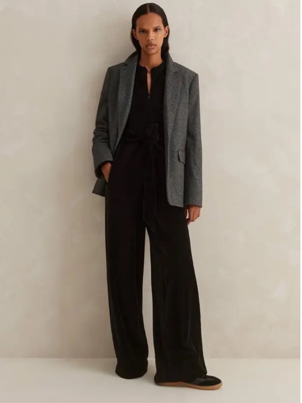 ME+EM Cord Velour Wide Leg Jumpsuit Belt Black US 12